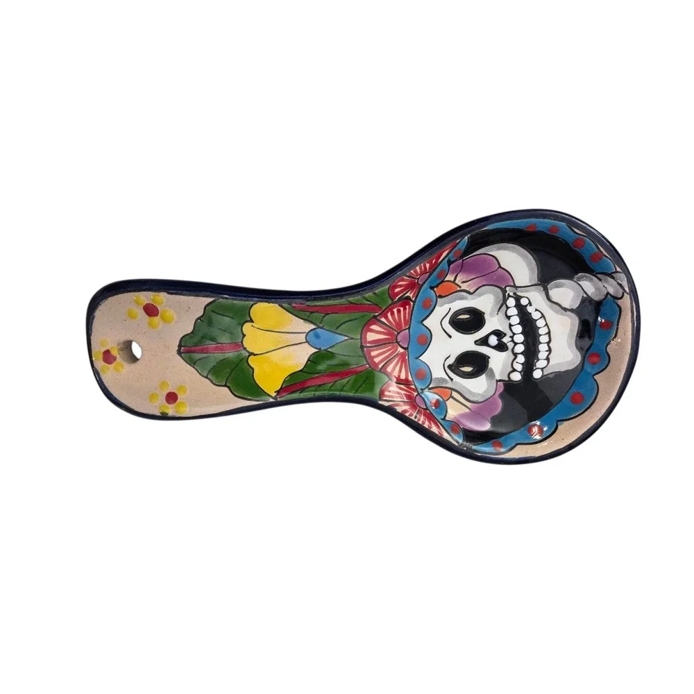 Large Talavera Spoon Rest Hand Painted Ulises DAY of the Dead Art Pottery Mexico